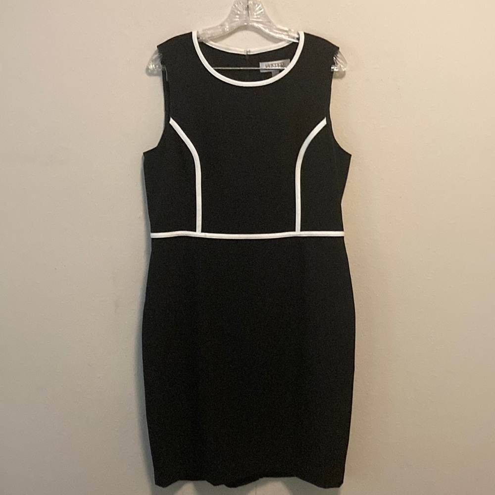 Black sheath dress with white piping detail- Kasper size 12